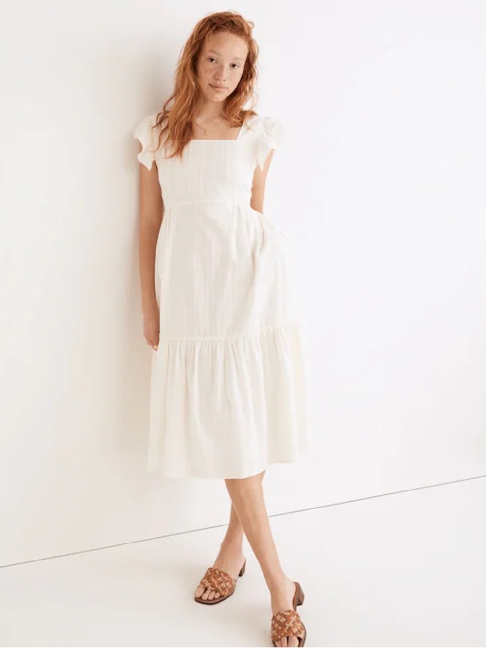 Madewell Ruffle-Strap Tiered Midi Dress Textural Stripe Cottagecore